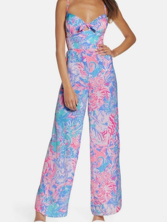Lilly Pulitzer Pants - Lilly Pulitzer Lion Around Floral Wide Leg Jumpsuit Pink Blue 6